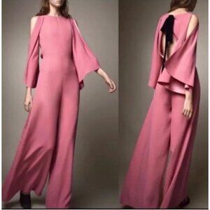 NWT Massimo Dutti Pink Wide  Leg Butterfly Sleeve Flowy Jumpsuit w Black Bow 2